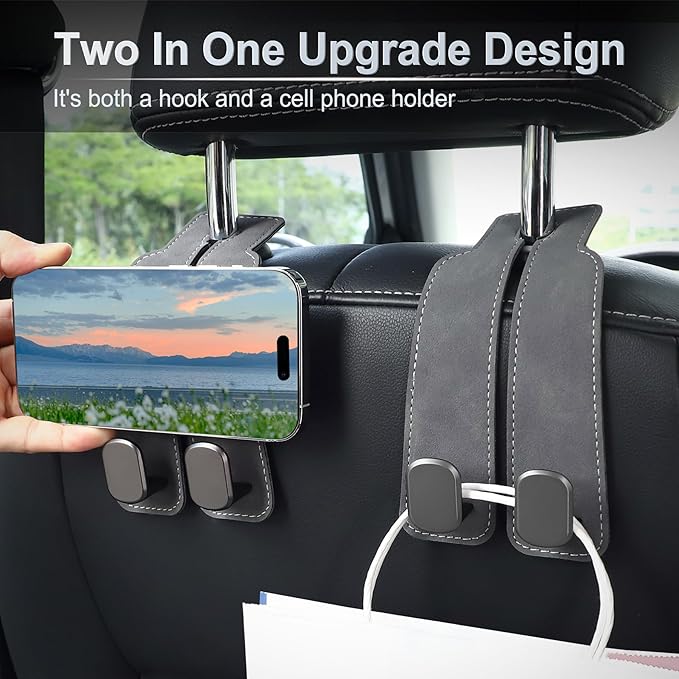 LivTee Headrest Purse Hook for Car, Seat Hook Hangers Storage Organizer for Bags and Coats Holder, Upgrade Leather Double Hook and Mobile Phone Holder for Universal Vehicle Car Accessories(Grey-2PCS)