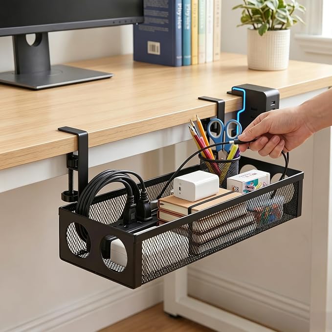 UIN Under Desk Cable Management Tray No Drill,15.35" Metal Cord Organizer with Clamp for Standing Desk, Cable Organizer for Home Office (Black)