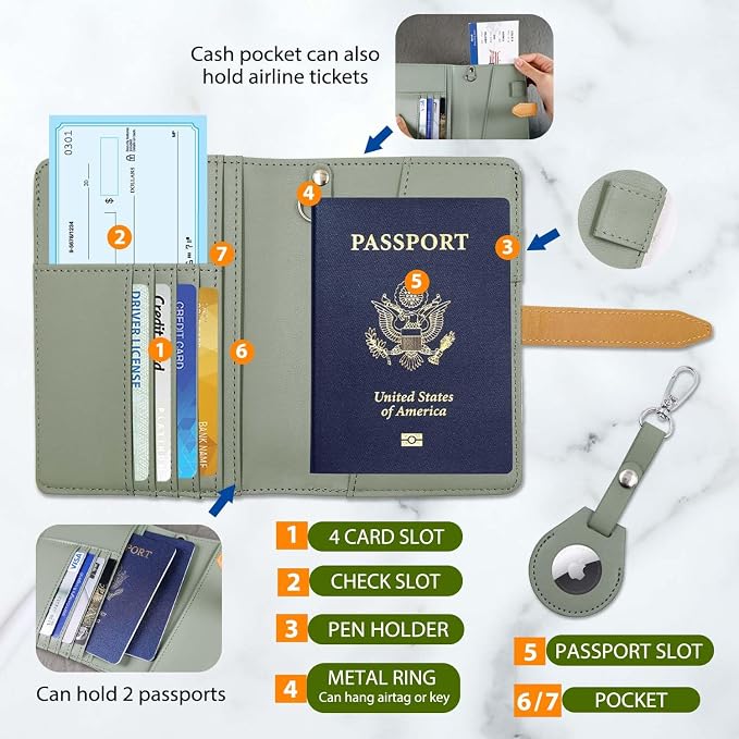 Passport wallets, Mulit-purpose RFID Blocking Passport Holder AirTag Wallet, Travel Wallet（Moss Green）
