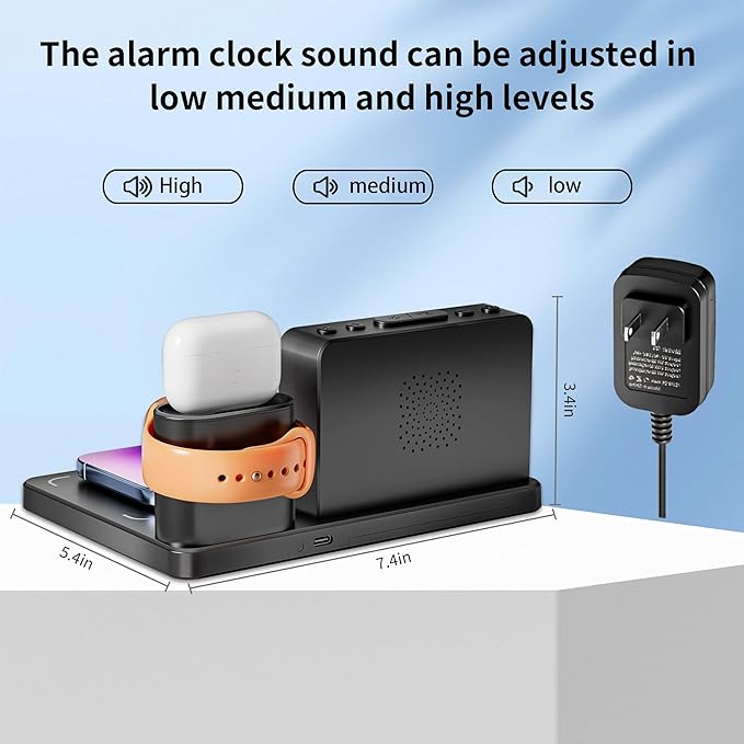 Wireless Fast Charging Station - 7 in 1 Alarm Clock with Wireless Charger Stand - Charging Dock for Apple,for Samsung Galaxy Multiple Devices - for iPhone Watch,for Airpods (Black)