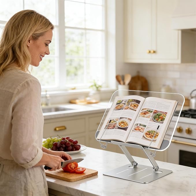 Acrylic Book Stand for Reading, Hands Free Foldable Desktop Book Holder, Height & Angle Adjustable Textbook Stand with Page Clips for Cookbook, Tablet, Music Scores