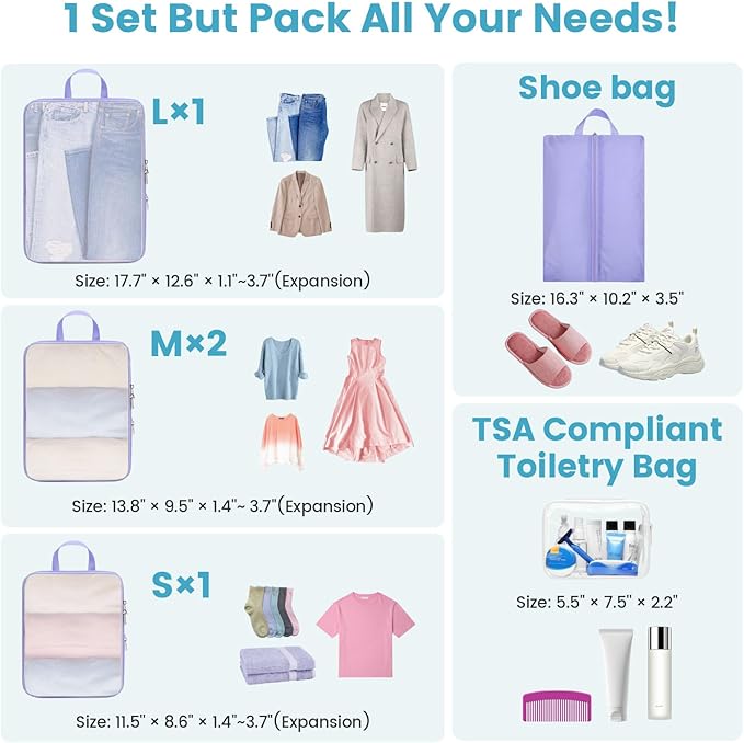 Cambond Mesh Compression Packing Cubes - 6 Piece Expandable See Through Packing Cubes for travel with Shoe and Makeup Bag, Travel Cubes for Packing Organizers Travel Accessories for Suitcases, Purple