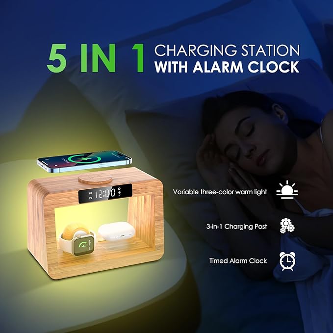 Bamboo Wireless Charging Station for Multiple Devices, with Night Light and Alarm Clock, 3 in 1 Charging Station for Apple Devices, Multi Charger Station for iPhone/iWatch/AirPods Pro