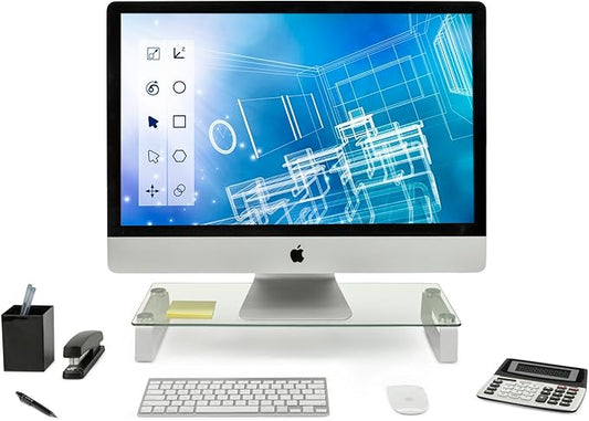 Mount-It! Glass Computer Monitor Riser and Laptop Stand | Clear Flat Screen Display Stand, Desktop Shelf and Organizer, Glass and Aluminum Construction, 22 Inches Wide, 44 lb Carrying Capacity
