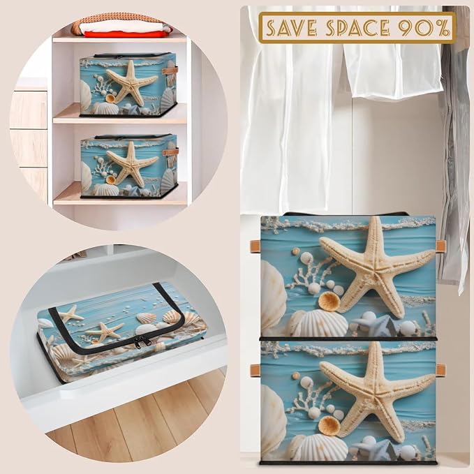 Ocean Shells Starfish Storage Bins With Zipper Lid, Collapsible Trunk Organizer, Car Organizers and Storage Bins with Lids, Decorative Storage Boxes with Handle, Home Storage Baskets for Organizing