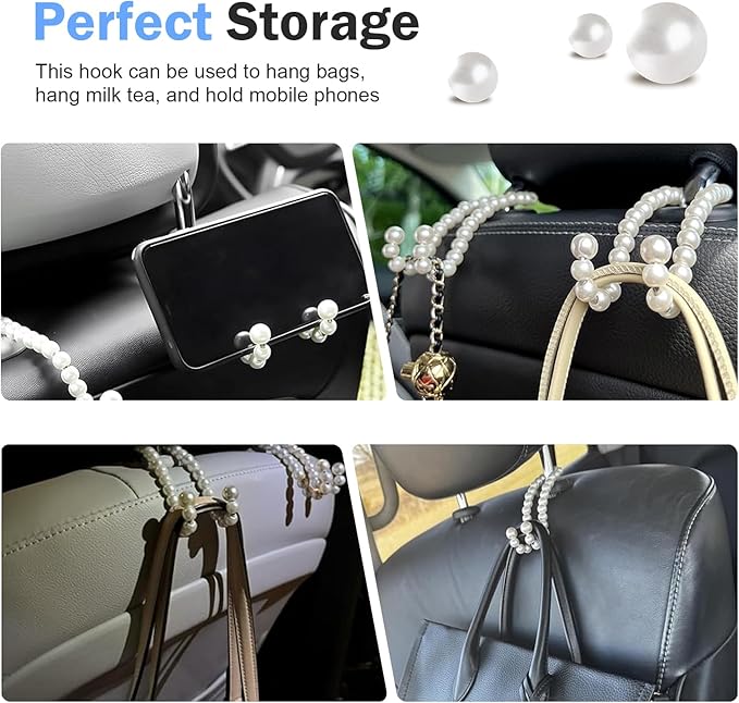 WZP 2PCS Pearl Car Seat Headrest Hook, Cute Car Purse Holder, Car Seat Hook Hanger Storage Organizer for Key Bag Umbrellas Coat, Universal Auto Interior Decor Accessories for Women Girls