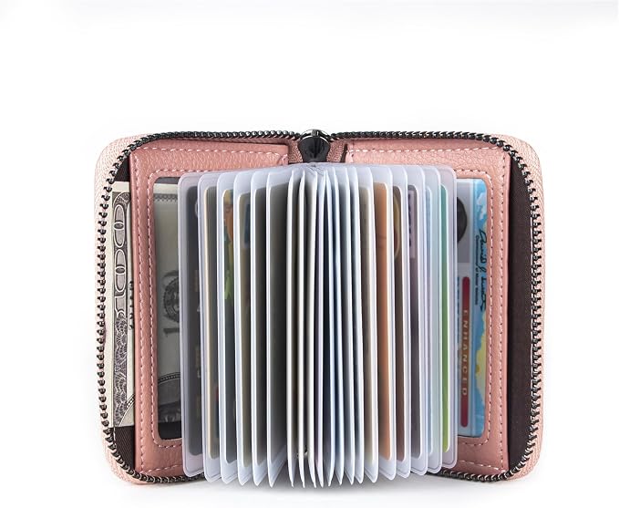 Suweibuke Genuine Leather Credit Card Holder Zipper Wallet RFID Blocking Secure Card Case ID Case Organizer (Pink)