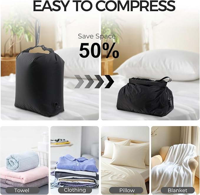 Travel Compression Laundry Bag, Pump-Free Vacuum Space Saver Bag for Dirty Clothes, Reusable Waterproof Wet Dry Bag, Travel Laundry Bag for Luggage, Packing, Suitcase (1 Pcs)（Black, L)