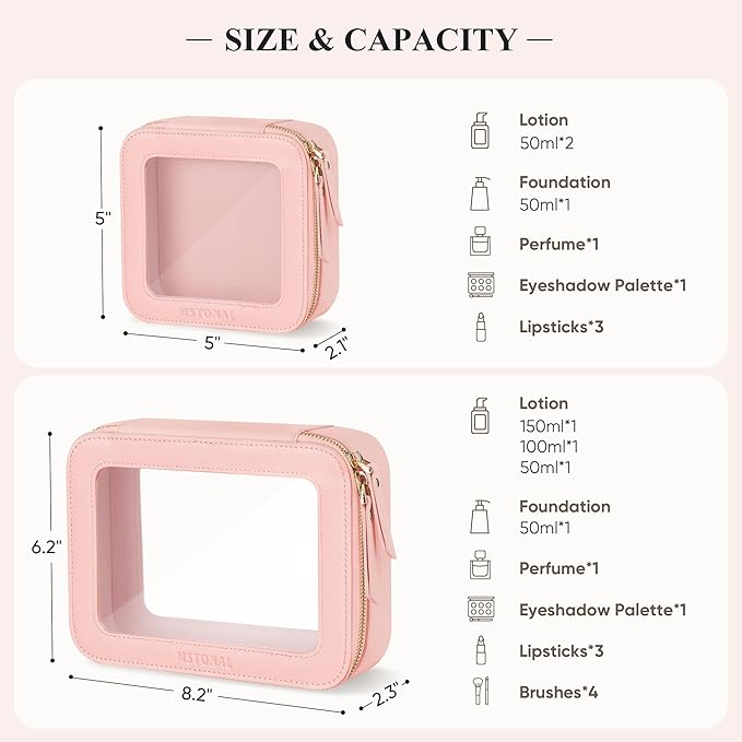 Clear Makeup Bag, Travel Toiletry Bag Cosmetic Case for Women, Waterproof Portable Make Up Skincare Pouch with Zipper, Compact Car Organizer Bag for Essentials, Medium Size, Pink