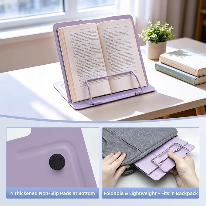 Book Stand, Book Holder, Book Stand for Reading – for Desk & Music | 6 adjustable angles, sturdy metal anti-slip, foldable & compact, holds cookbooks & tablets, great for students