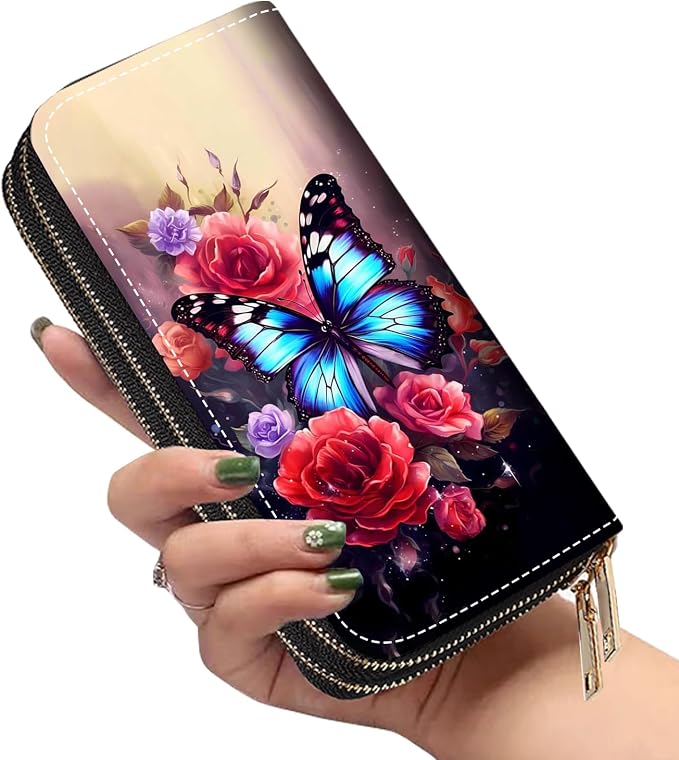 Women's Large Capacity Wallet PU Leather Double Zipper Clutch Purse Multifunctional Wallet with Removable Wristlet Strap for Smart Phone/Coin/Card/Cash, Flower Butterfly