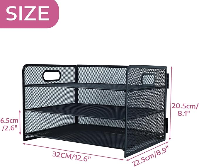 3 Tier Lettrer Tray Organizer with Handle, Metal Mesh Desk File Organizer with Sliding Trays, Paper Sorter Desk for Home Office School, Black