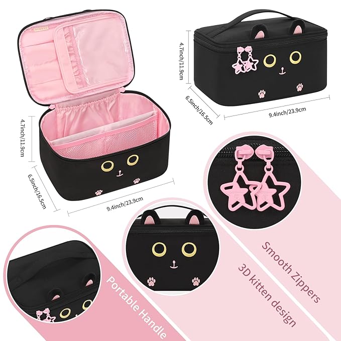 OCHEAL Makeup Bag,Travel Makeup Organizer Bag, Cute Cosmetic Bags for Women Girls Travel Toiletry Bag Traveling With Brush Slot And Divider-Cat