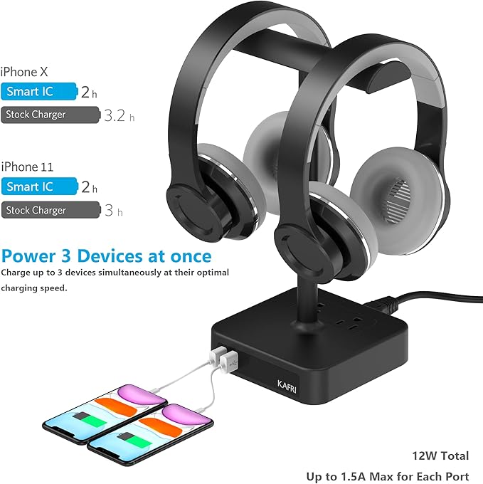 KAFRI Dual Headphone Stand with USB Charger Desk Gaming Double Headset Holder Hanger Rack with 2 USB Charging Port and 2 Outlet - Suitable for Gamer Desktop Table Game Earphone Accessories Gift