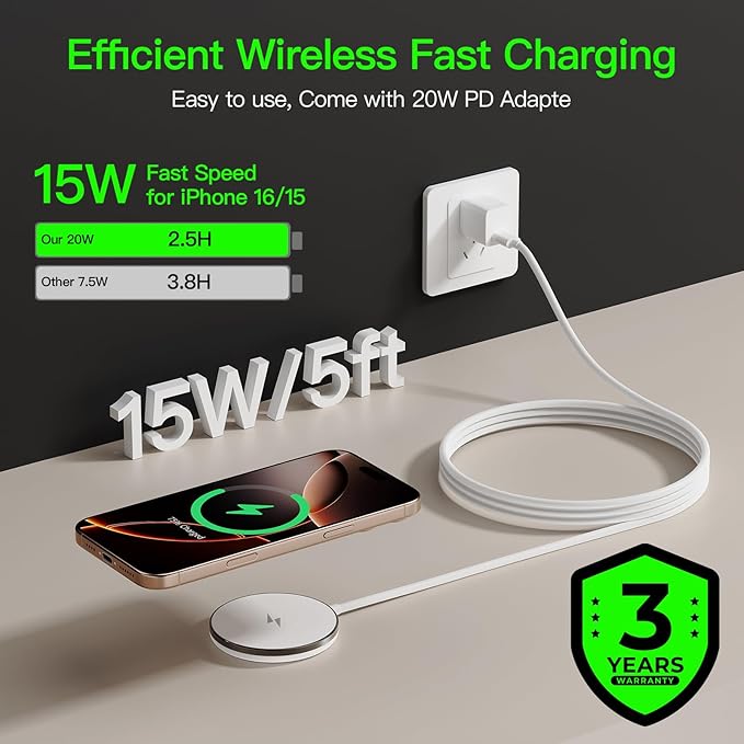 New for MagSafe Charger: Magnetic Wireless Charging Pad for iPhone 17 16 15 14 13 12 Series AirPods 4-2 Pro, Strong Magnet, with PD20W Charging Block, Ultra-Thin Portable【 1 Pack 5FT】
