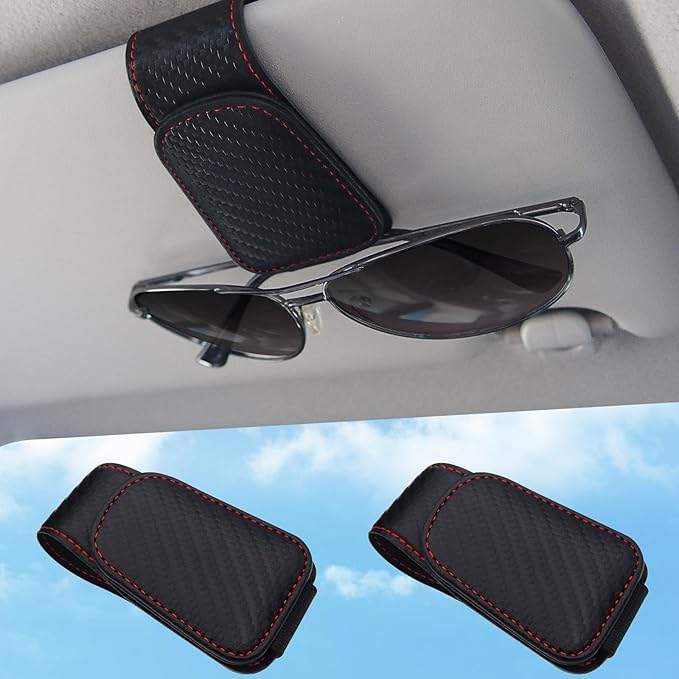 TCJJ Sunglasses Holders for Car Visor,Car Magnetic Glasses Holder Leather Sunglasses Clip and Ticket Card Clip Suitable for Car Interior Visor and Different Size Eyeglasses(Carbon Fiber/2)