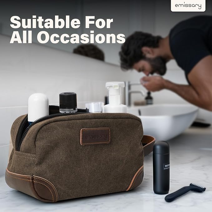 emissary Men's Toiletry Bag, Leather and Canvas Travel Toiletry Bag, Dopp Kit for Men, Travel Bathroom Bag Men's Shaving Kit, Travel Kit Small Bags for Men, Shaving Bag for Travel Accessories (Coffee) | Durable canvas & PU leather, water-resistant lini...