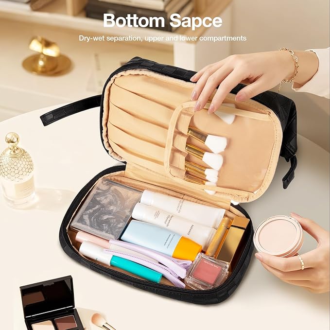 Abiudeng Large Capacity Makeup Bag Ladies Cosmetic Bag Travel Bag with Compartments Portable PU Leather Travel Makeup Bag with Handle