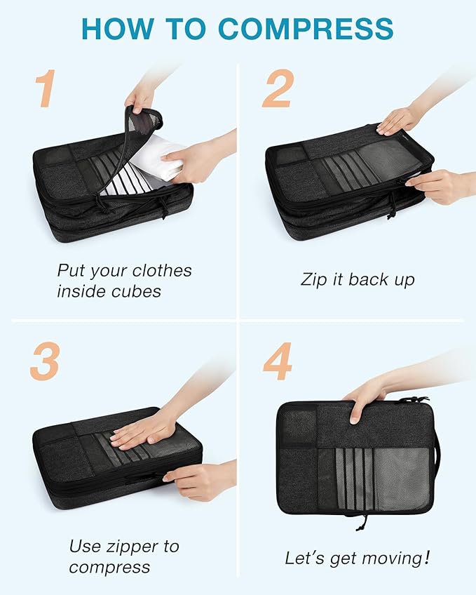 BAGSMART Compression Packing Cubes for Travel, 6 Set Packing Cubes for Carry on Suitcases, Compression Travel Cubes & Suitcase Organizer for Packing with Shoe Bag Khaki