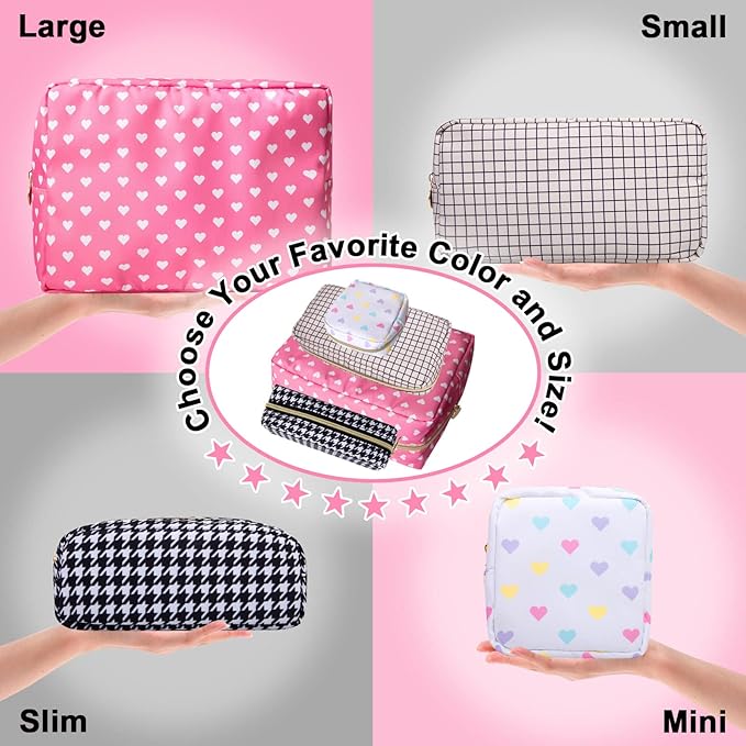 Nylon Small Makeup Bag for Purse, Cute Makeup Bag Preppy Cosmetic Zipper Pouch Purse, Waterproof Portable Travel Toiletry Bag Clutch Makeup Brush Bag Organizer Storage for Women Men Girls(Pink Heart)