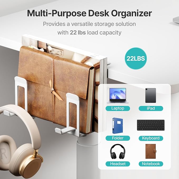 PEGZONE Laptop Stand Vertical, 2-Slot Under Desk Laptop Holder, White | Desk Side Storage with Headphone Holder, Laptop Organizer for Office Gaming