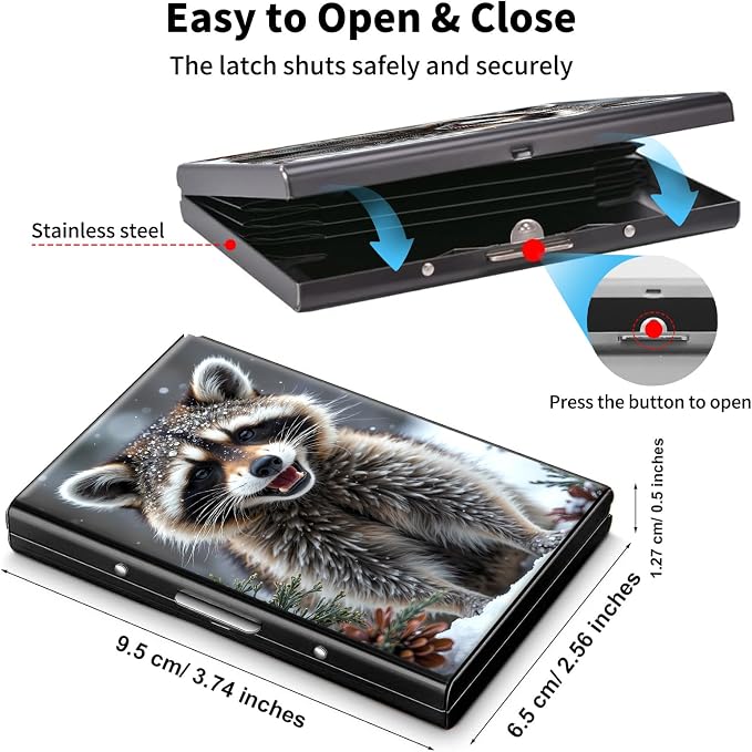 Metal Wallet,Credit Card Holder for Women Men,RFID Blocking Card Holder Mini Slim Aluminum Wallet ID Case Hard Case Business Card Holder Case,Raccoon Snow Cute