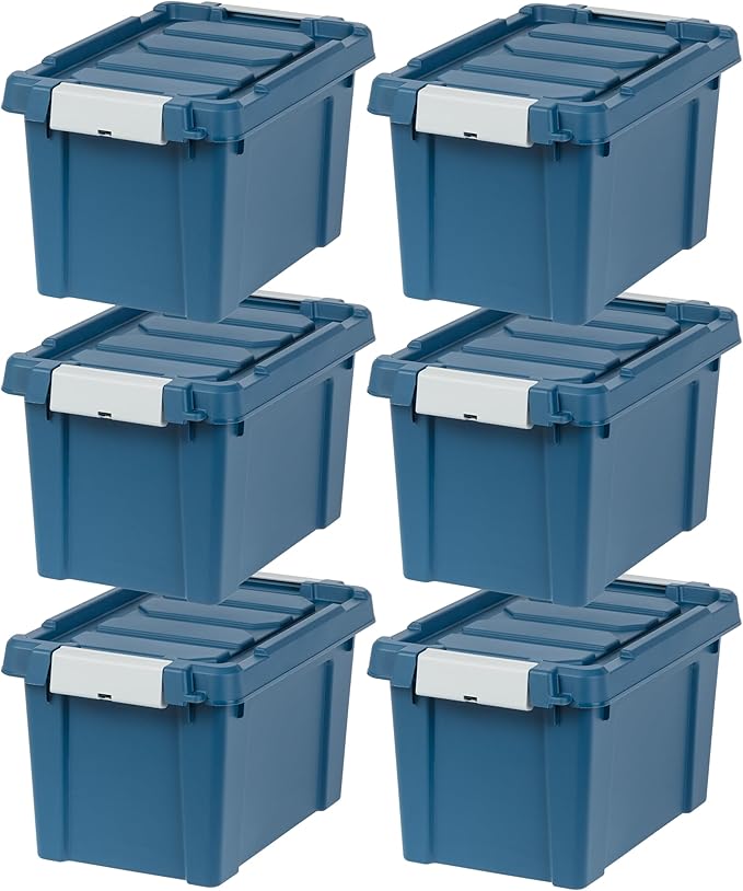 IRIS USA 5 Gallon Eco-Friendly Lockable Storage Bins with Lids, 6 Pack - Made in USA, Heavy Duty, Stackable Containers, Garage Organizing Bins Moving Tubs, Rugged Sturdy Equipment Utility Box - Navy
