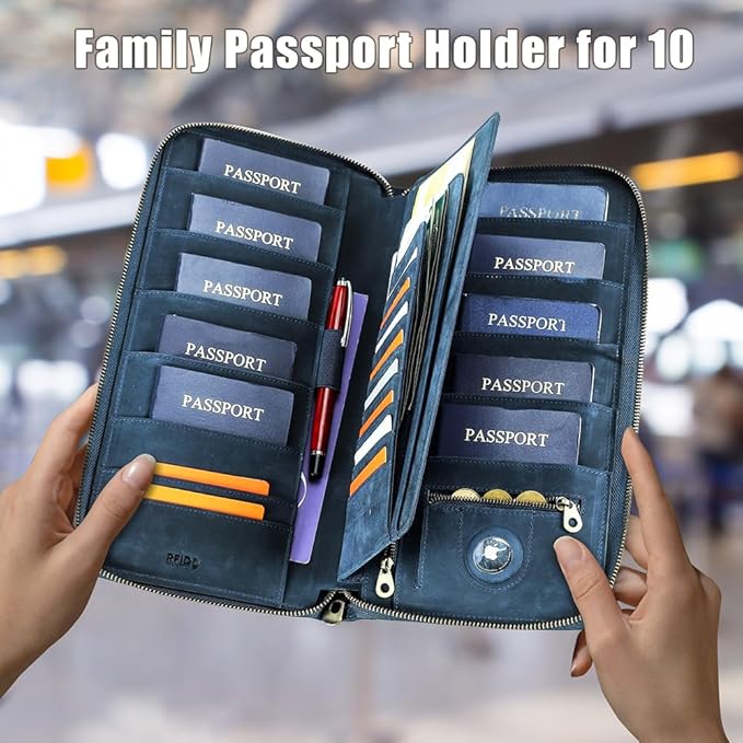 CONTACTS Family Passport Holder for 10 Full Grain Leather Passport Holder Compatible with Airtag for Family Travel Document Organizer Multiple Passport Wallet with Rfid Blocking (Blue)