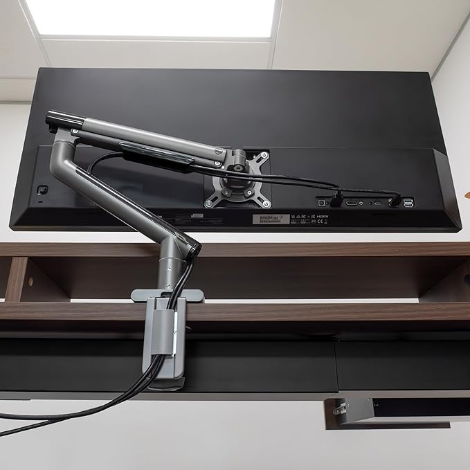 Desky Single Slim Monitor Arm ??Adjustable Desk Mount with Gas Spring, VESA 75/100, 360° Rotation, Cable Management, Fits Monitors Up to 32", 19.8 lbs Capacity (Space Grey