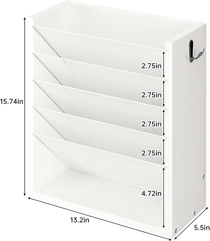 Mail Organizer Wall Mounted, 6-Tier Wall File Organizer with 2 Hooks, Wooden Desk Organizer Magazine Holder with Bottom Flat Tray, for Office Home, White