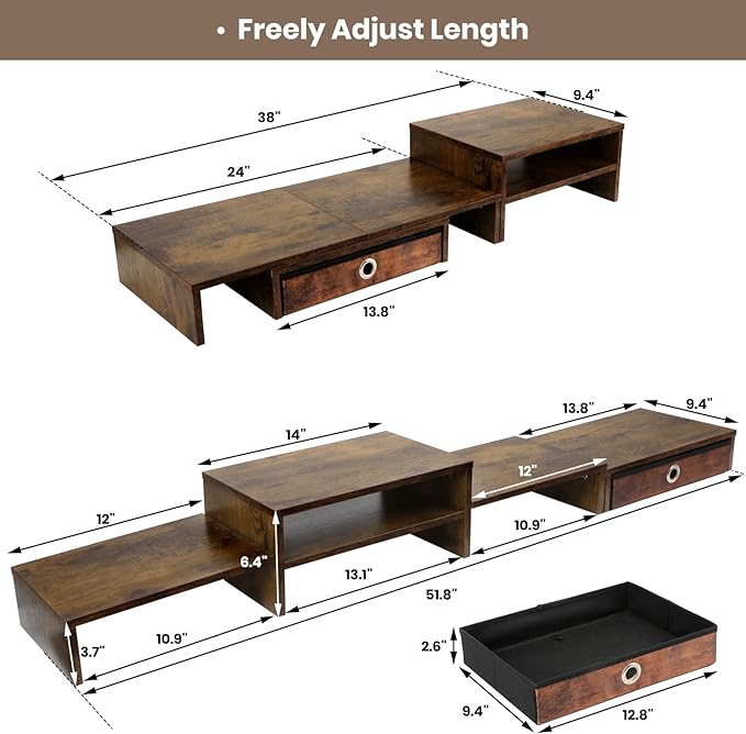 Monitor Riser for 3 Monitors, Dual Monitor Stand for Desk, Triple Monitor Stand with Drawer, Dual Monitor Stand with Storage, Extra Long Triple Monitor Riser up to 52", Angle Adjustable