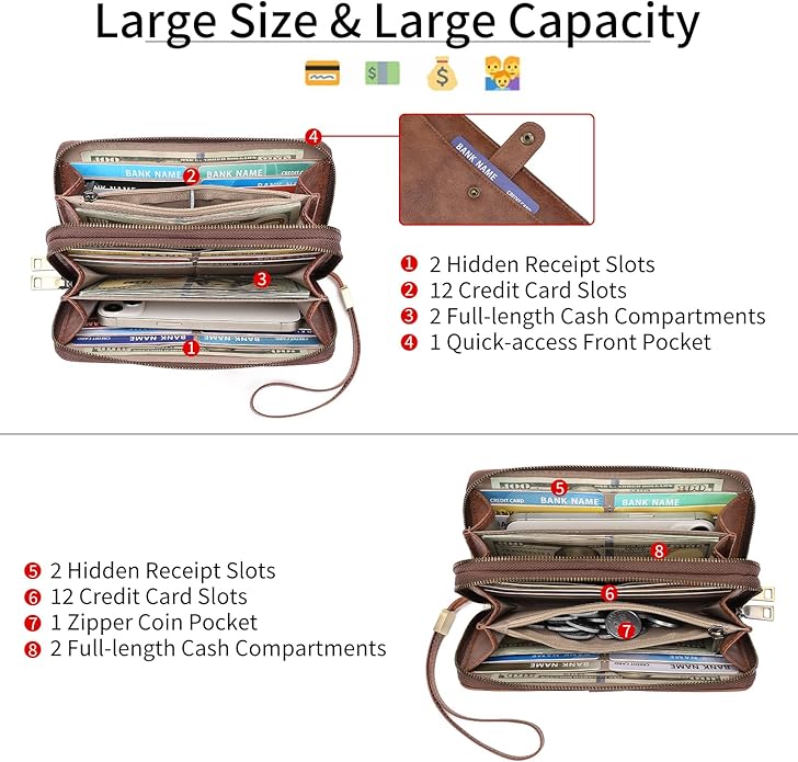 GAEKEAO Womens Wallet Large Capacity Double Zipper Ladies Card Phone Holder RFID Blocking Leather Clutch Wristlet Grip Strap