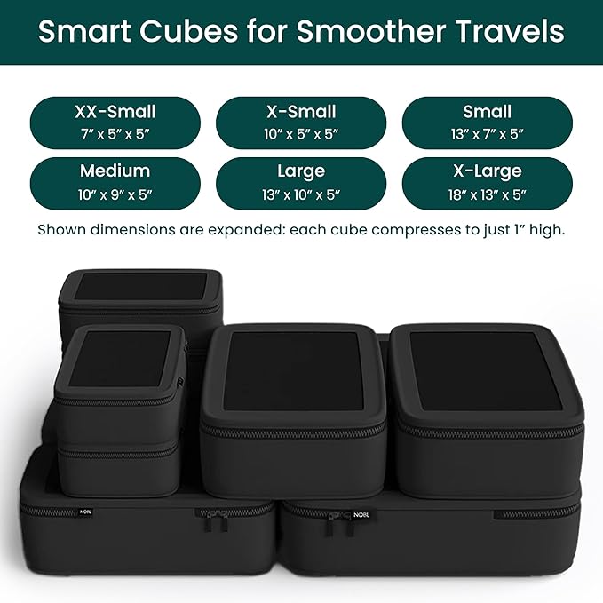 NOBL Travel Compressible Packing Cubes Set, 6 Pieces Travel Packing Organizers, Compression Luggage Cubes for Suitcases & Carry On, Space Saving (XXS, XS, S, M, L, XL) - Jet Black