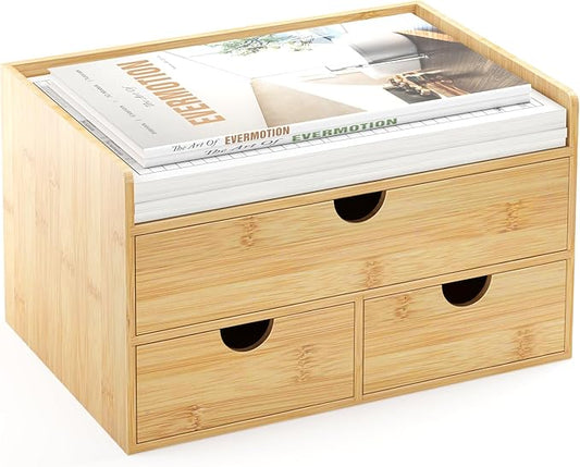 Wisuce Desk Organizer with Drawers - Bamboo Desktop Organizer Storage-Natural Wood Desk Drawers Organizer for Bills, Office Supplies, Cosmetics, Seals No Assembly Required (3 Drawers（top-bottom))