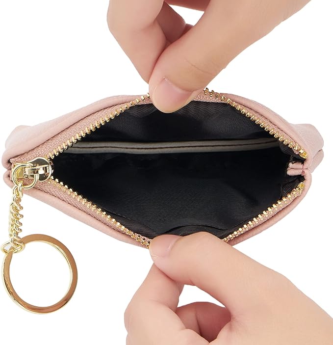 WOZEAH Artificial Leather Coin Purse Change Purse With Key Chain Ring Zipper For Men Women (A Pink)