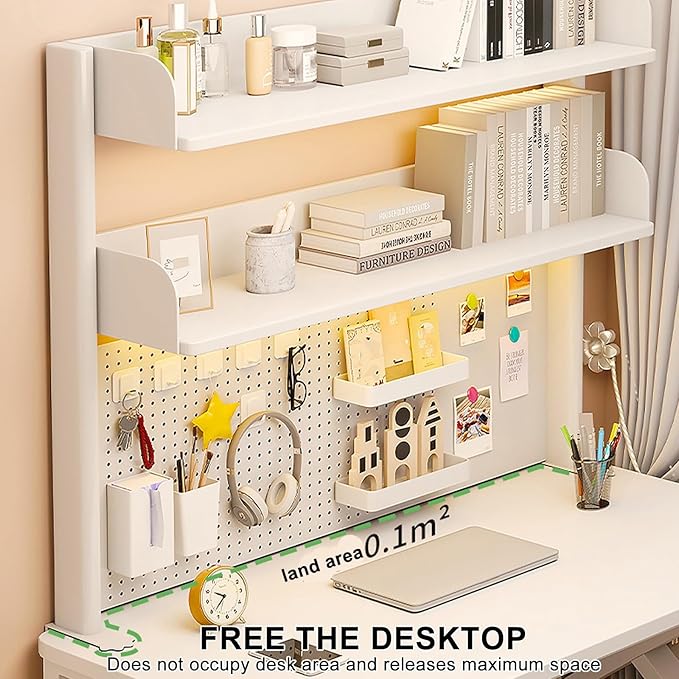 Desktop Bookshelf, Desk Extender Pegboard Workstation, 2 Tier Small Desk Extension Shelving Unit, Multipurpose Desktop Hutch Storage Organizer for Dorm Office Home(White,80x20x95cm/30x8x37in)