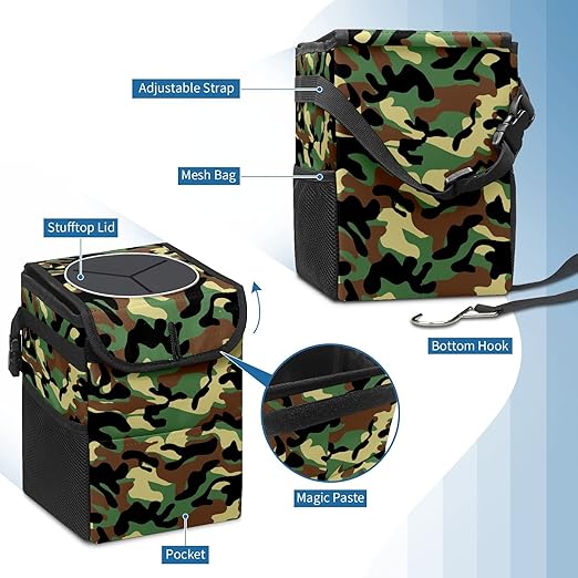 Car Trash Can Camouflage Army Pattern Wate-rproof Auto Garbage Bag Car Trash Can with Lid Leak-Proof Car Storage Bag Hanging for Headrest Collapsible and Portable with Storage Mesh Pocket