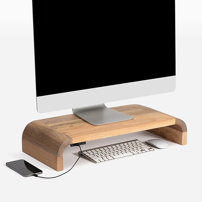 Anji Mountain Wood Monitor Stand Riser Desk Desktop Organizer Table for Home, Office Workspace, Laptop Riser, Ergonomic Design Stand for Gaming Setup, with Power Source, Mango