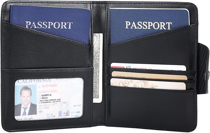 Polare Full Grain Leather Slim and Soft RFID Blocking wallet For Men Snap Bifold Travel Wallet Passport Holders 2 Passports (Carbon Black)