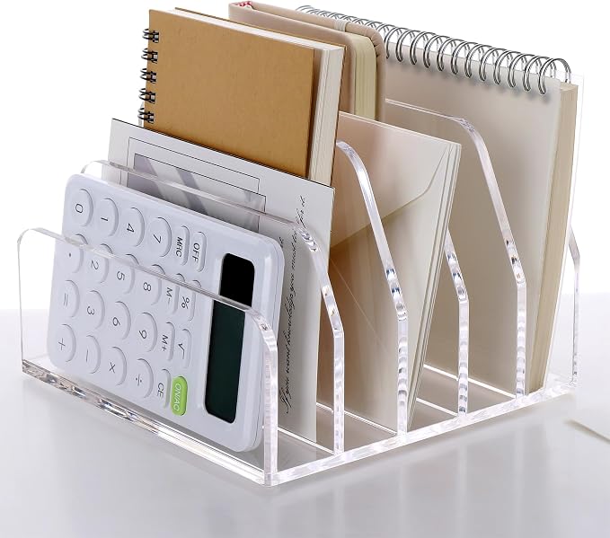 SANRUI Acrylic Desk Mail Organizer Sorters, Clear 5 Upright Compartments Laddered Desktop File Letter Holder, Multifunction Envelope Vertical Folder Racks Document Holders for Office, Home, School