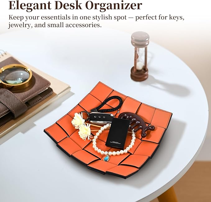 Valet Tray PU Leather Key Holder Bowl for Women and Men Entryway Table Nightstand Desk Tray for Wallet, Keys Men's Gift - Orange & Black, 9.8" L x 9.8" W x 2" H