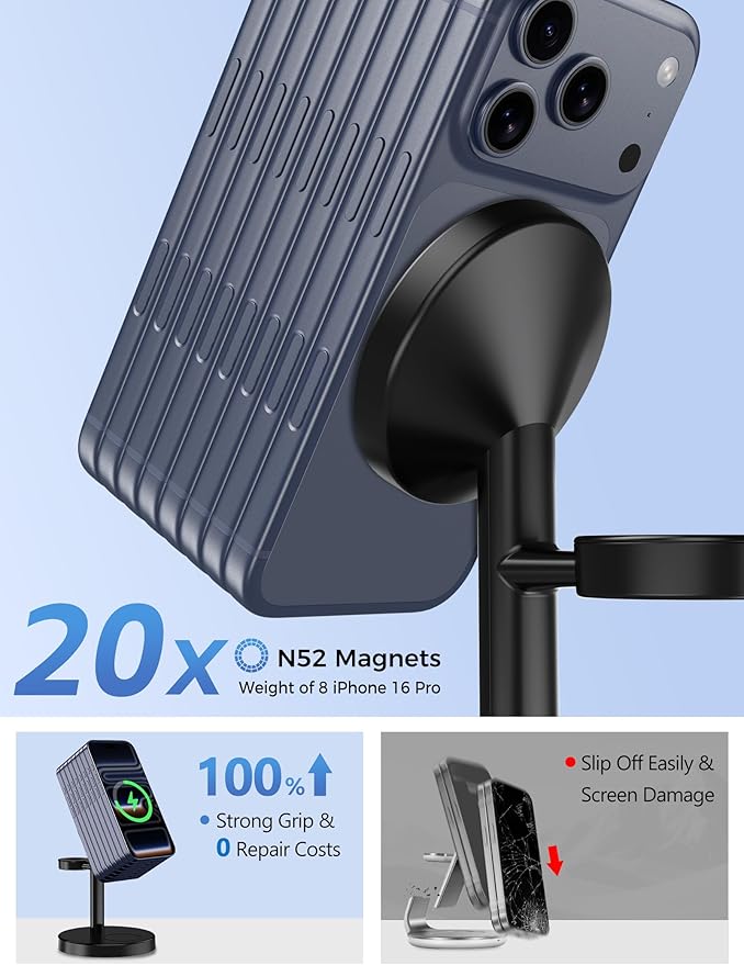 2026 3 in 1 Wireless Charging Station Compatible with MagSafe Charger Stand, 15W Fast Magnetic Mag-Safe Charger for iPhone 17 16 15 14 13 12 Series Apple iWatch AirPods Pro 4 3 2, Black