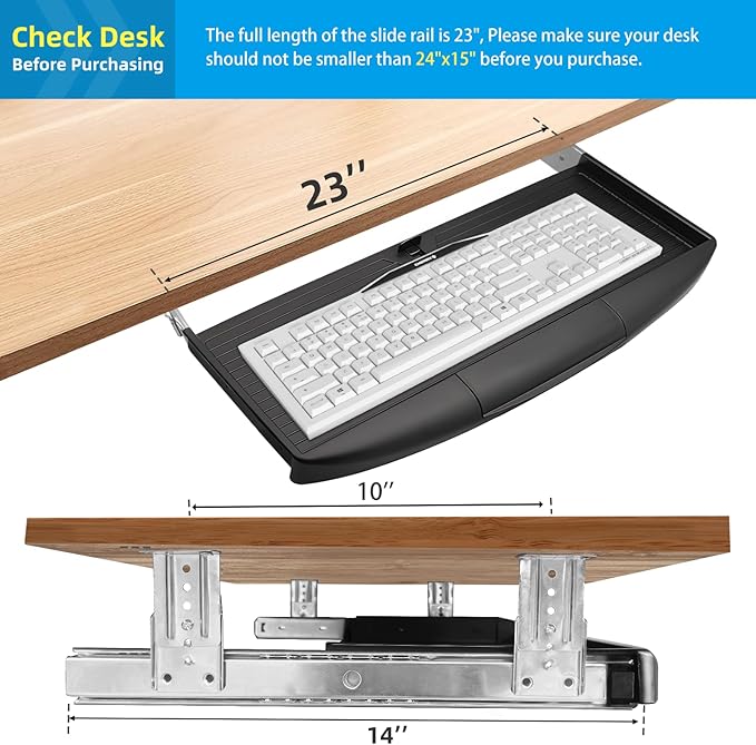 22"Wx11"D Under Desk Keyboard Tray Slide Out, Pull Out Keyboard Tray for Desk, Keyboard Holder Under Desk,Sturdy Keyboard Shelf Under Desk, Black Keyboard Drawer Desk Extender
