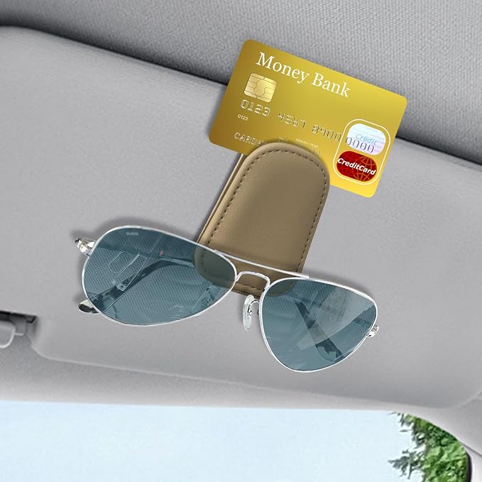 Sunglass Holder for Car, Sunglasses Clip for Car Visor, Magnetic Leather Vehicle Eyeglass Hanger Clip, Auto Ticket Card Glasses Organizer Clamp Accessories for SUV Sedan (Beige)