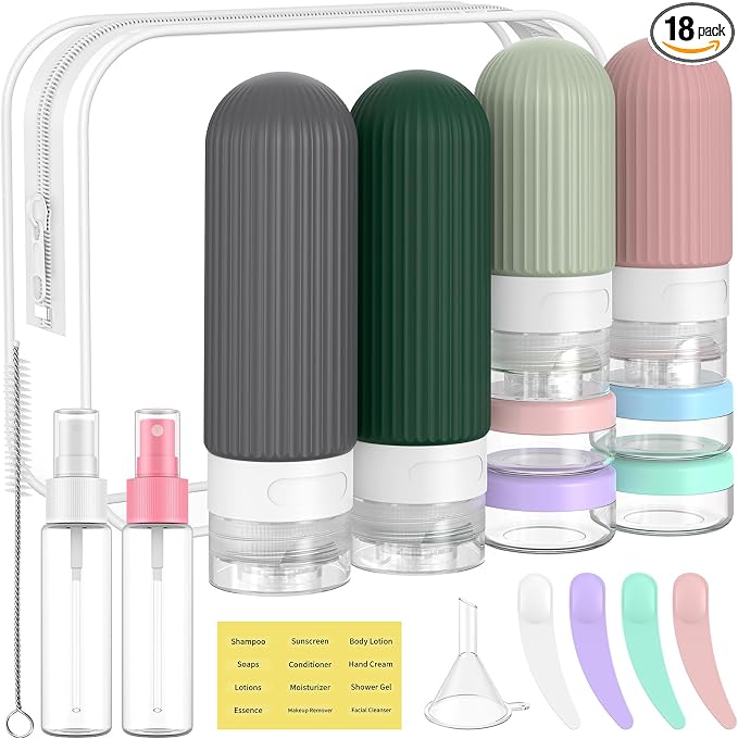 ME.FAN Travel Bottles for Toiletries,18 Pack Silicone Portable Size Bottle, TSA Approved Refillable Cosmetic Container Kits for Conditioner, Shampoo, Lotion,Face Cream - Morandi