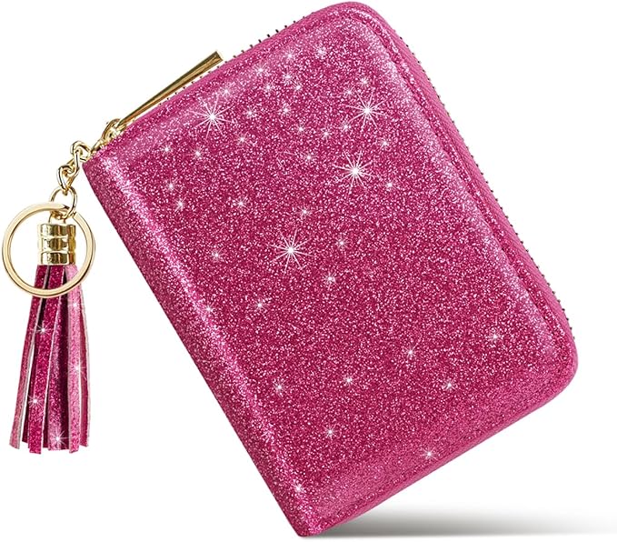 Coco Rossi Leather Credit Card Wallet for Women, RFID Blocking Zipper Cards Holder with Tassel, Rosy Glitter