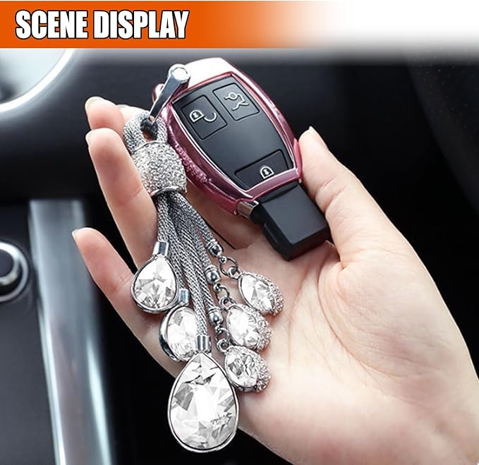 Bling Rhinestone Car Keychain, Fashion Auto Key Fob with Screwdriver, Vehicle Key Decoration Accessories for Woman (White)