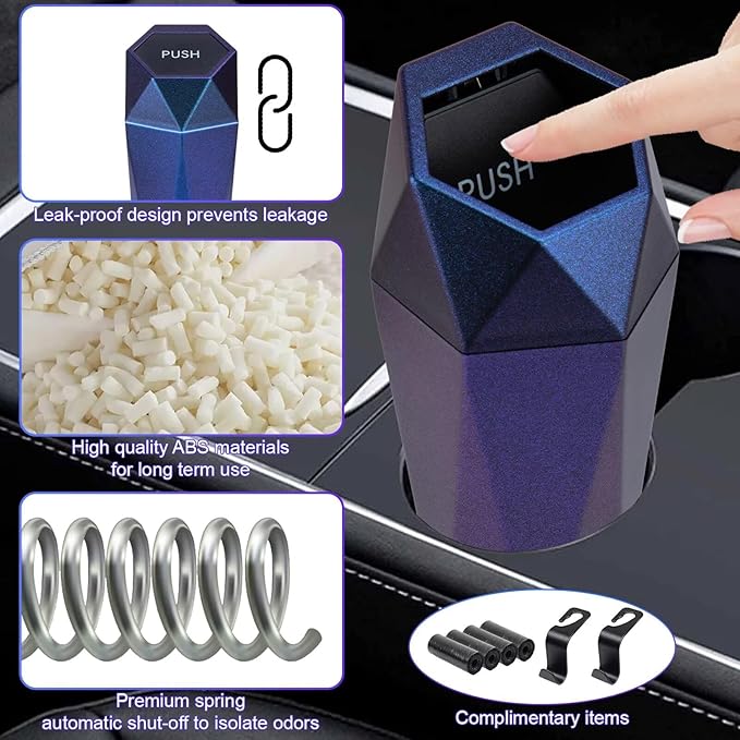 BFXM Car Trash Can, Car Trash Bin with Lid, Car Accessories for Women Interior, Car Garbage Can with Additional 2 ABS Hooks and 60pcs Trash Bags, Suitable for Home, Office, Car Organizer, Blue Purple