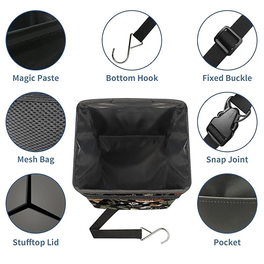 Car Trash Can with Lid Vintage Botanical Mushrooms Collapsible Reusable Leak-Proof Auto Garage Bag,Hanging Vehicle Car Accessories Interior Car Organizer