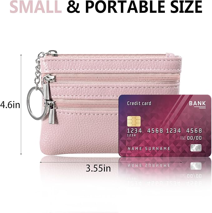 Chelmon 2 Pack Coin Purse Pouch Change Card Holder Small Wallet with Keychain for Women and Men (Pink & Pink)